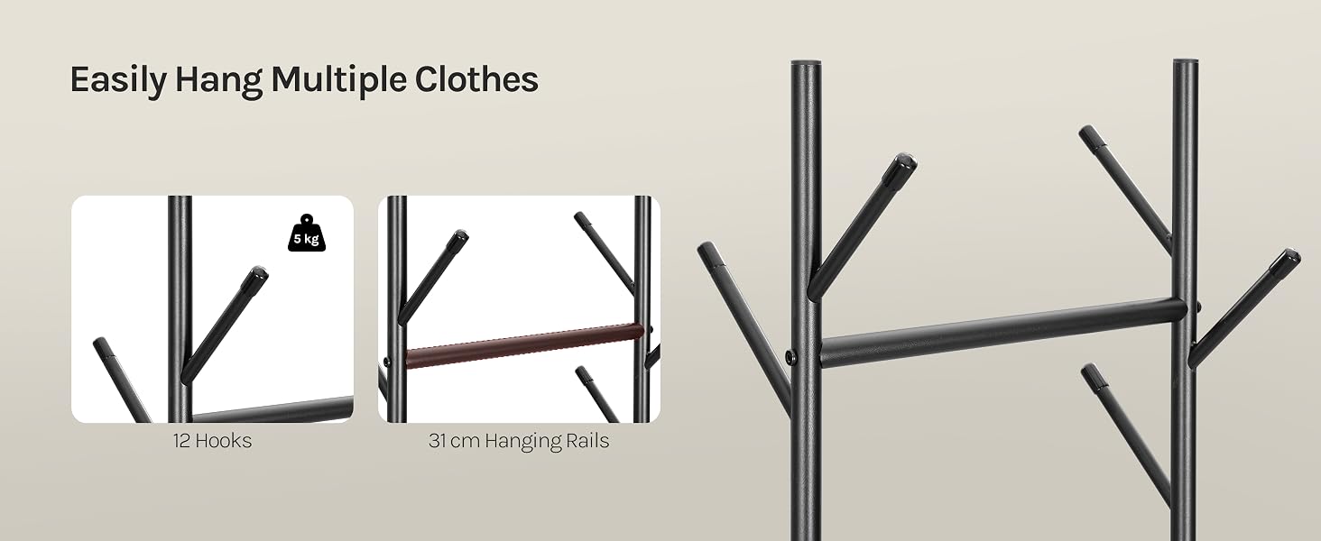 Text reads 'Easily Hang Multiple Clothes'. Three metal clothing hangers with extending arms for hanging multiple garments simultaneously, shown in simple line drawing style.