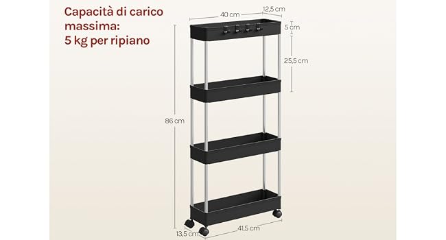 Il testo recita «Capacità di carico massima:» e «5 kg per ripiano». Diagramma tecnico del prodotto che mostra le misure di uno scaffale portaoggetti nero a più livelli.