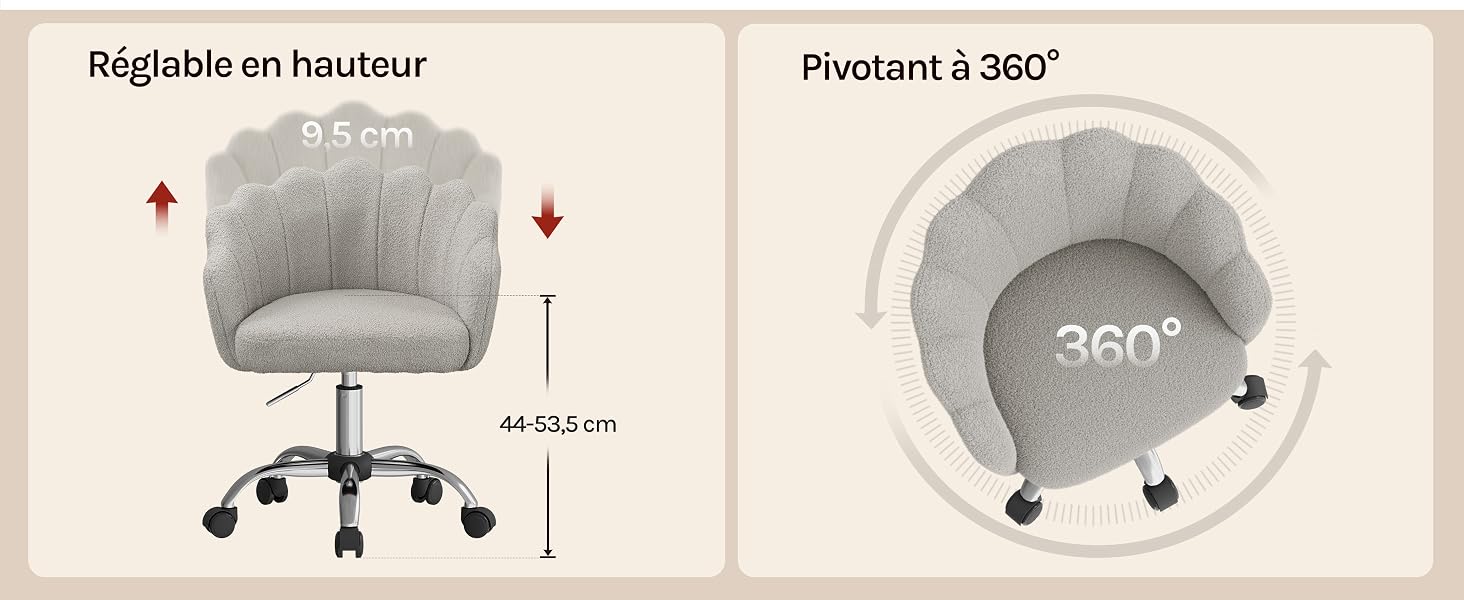 Le texte indique « Réglable en l'or » et « Pivotant à 360° ». Deux vues de la chaise de bureau ergonomique gris clair montrant des flèches de réglage de la hauteur et une vue de rotation de haut en bas à 360 degrés.
