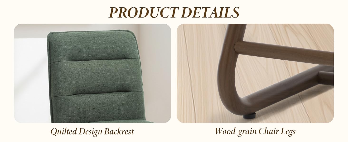 Text reads 'PRODUCT DETAILS', 'Quilted Design Backrest', 'Wood grain Chair Legs'. Close-up views of a green upholstered chair showing quilted backrest detail and wooden legs.