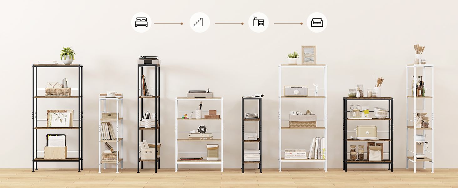 Collection of various shelving units and bookcases in different styles, sizes, and colors, displayed side by side against a white background.