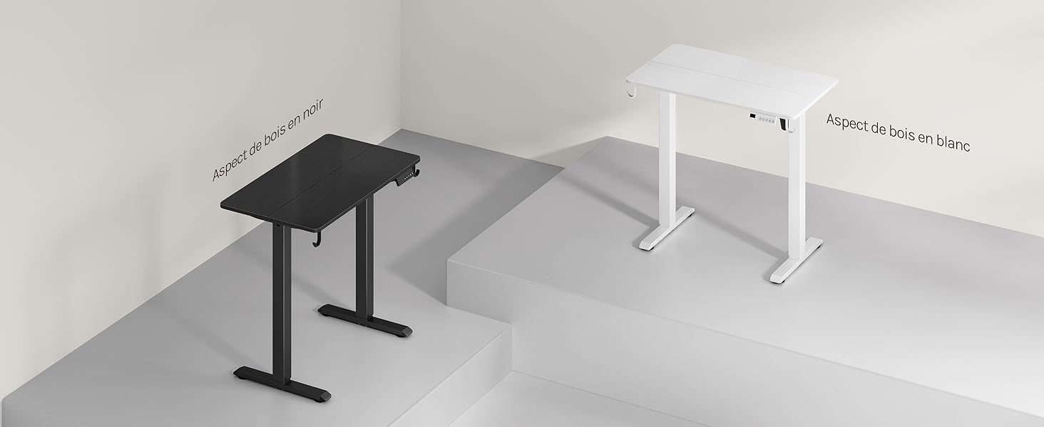 Mécanisme de bureau ou de table réglable en hauteur en finition blanc/gris, indiquant différentes positions et plages de réglage.