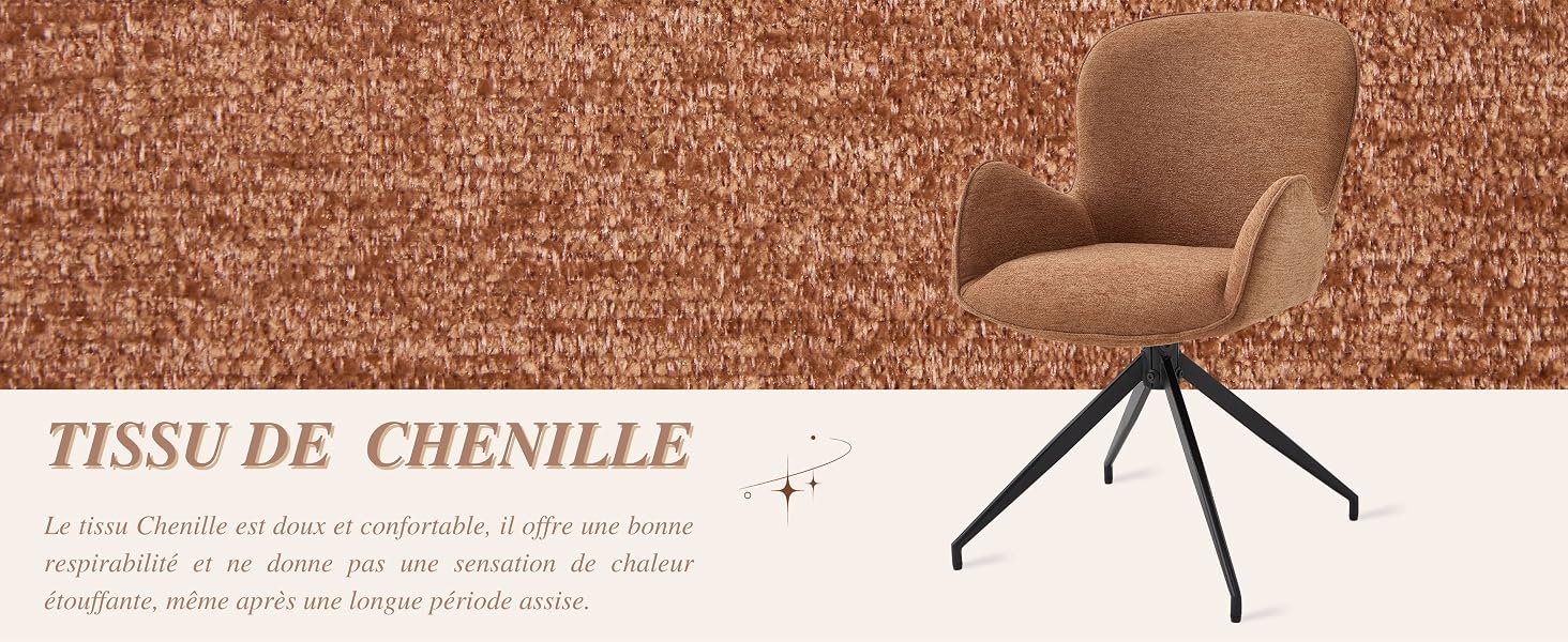 Le texte indique « TISSU DE CHENILLE ». Image rapprochée d'un tissu chenille texturé montrant un motif de fibres détaillé dans les tons bruns.