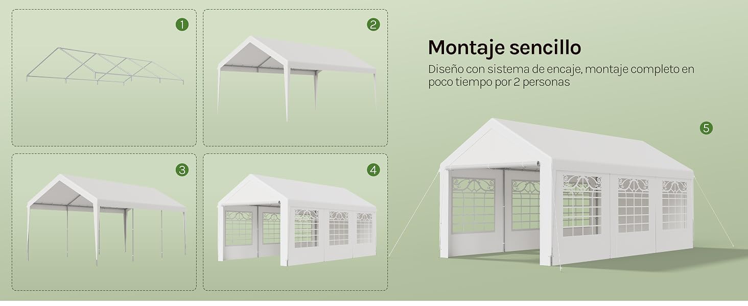 El texto dice «Montaje sencillo» con diagramas de instrucciones de montaje. Cuatro ilustraciones secuenciales que muestran paso a paso la configuración de una estructura blanca de toldos o carpas exteriores sobre fondo verde.