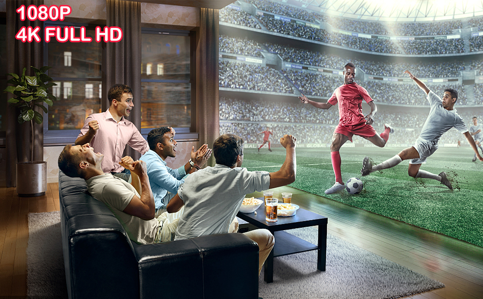 a group of people watching a football game in a living room.