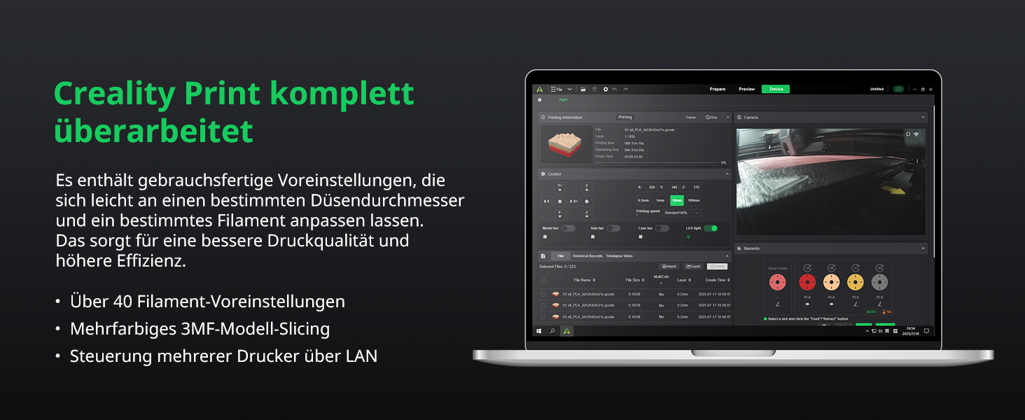 Der Text lautet „Creality Print komplett“. Screenshots der Softwareschnittstelle, die 3D-Drucksoftware mit verschiedenen Bedienfeldern und Einstellungen zeigen.