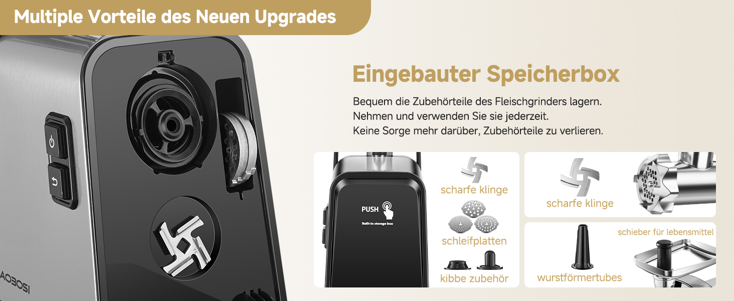 Der Text lautet „Drehbare Schneidehilfe“ und „Ringhalter Spaltschiene“. Das Produkt zeigt ein kompaktes, kreisförmiges Kameragerät mit schwarzem Gehäuse, Tragetasche und vielem mitgelieferten Zubehör auf grauem Hintergrund.