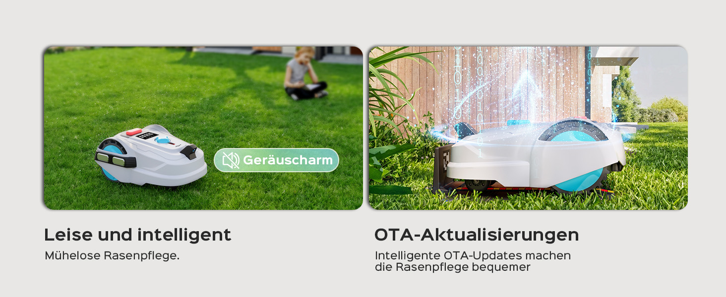 Der Text lautet „Leise und intelligent“ in einem geteilten Bild, das einen Rasenmähroboter auf Gras und in Betrieb zeigt.