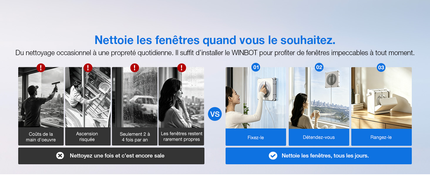 Le texte se lit comme suit : « Nettoyez les lunettes quand vous le souhaitez », « le nettoyage devient hyper facile, on oublie la lingette ». Image composite montrant une démonstration avant/après le nettoyage des lunettes avec l'application du produit et les images des résultats.