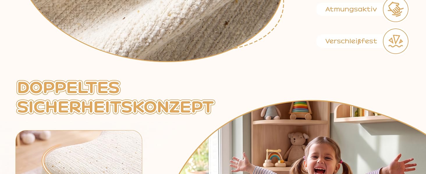 Der Text lautet „DOPPELTES SICHERHEITSKONZEPT“ mit Garantiesymbolen, die 10 Jahre anzeigen. Geteiltes Bild mit weißer Bettwäsche und einer Familienzimmerszene, in der die Merkmale des Sicherheitskonzepts veranschaulicht werden.
