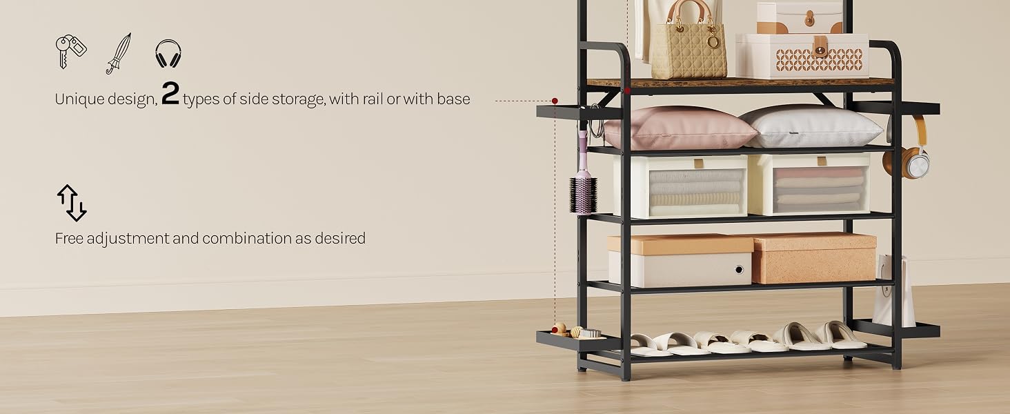Two-panel composite showing product assembled on wooden desk (left panel with text) and shelving unit display with black metal frame holding multiple organized items.