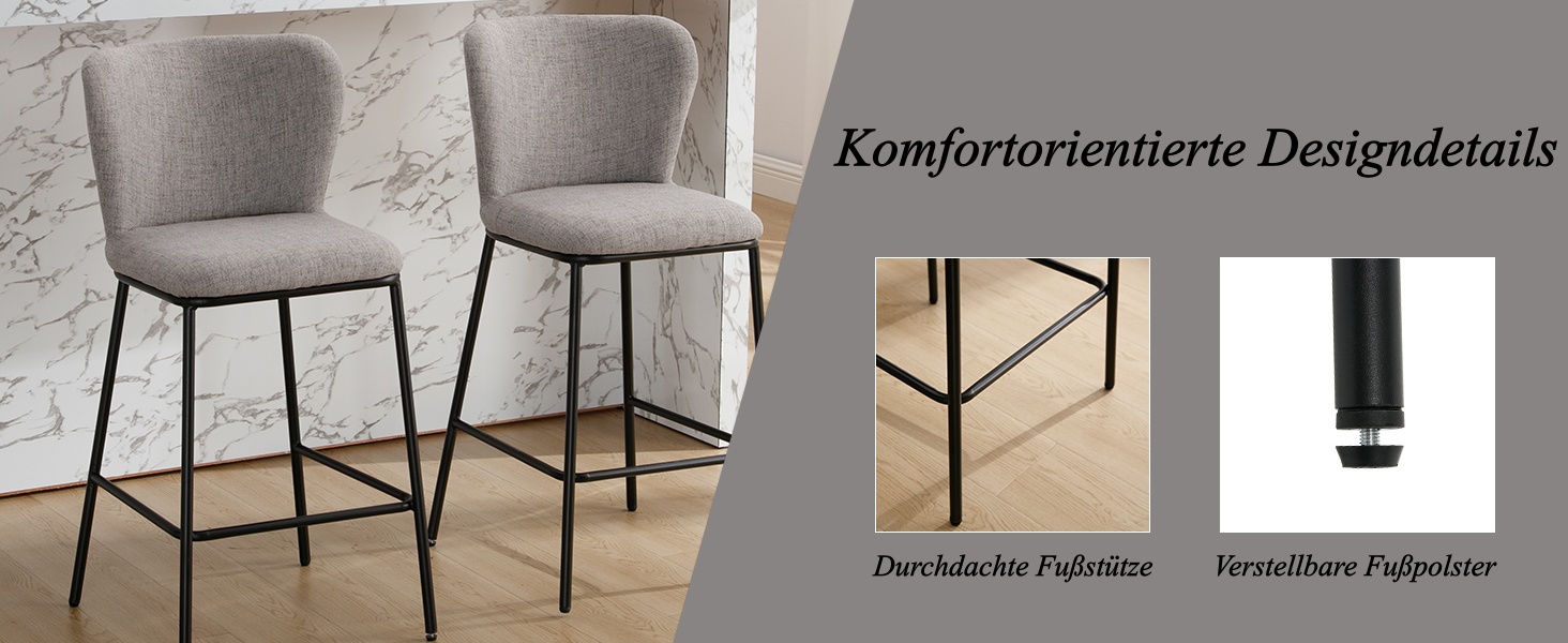 Der Text lautet „Komfortorientierte Designdetails“. Sammlung moderner Stühle, die aus verschiedenen Blickwinkeln gezeigt werden. Sie zeichnet sich durch ein elegantes Design mit schwarzen und metallischen Elementen aus.