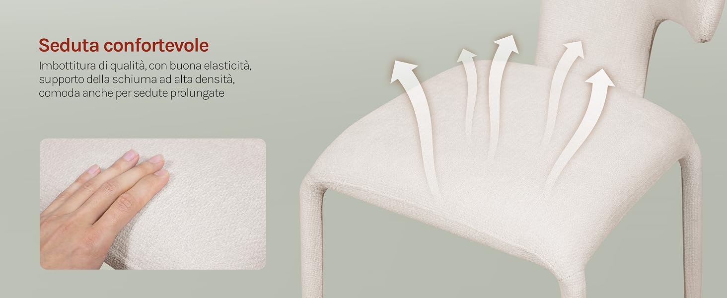 Il testo recita «Seduire confortevole». Immagine divisa che mostra la pressione della mano su una superficie bianca e una sedia in plastica bianca con un caratteristico design dello schienale a forma di corona.