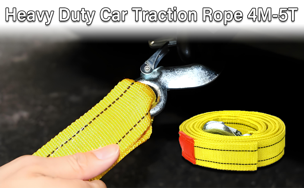 Text reads 'Heavy Duty Car Traction Rope dM-5T'. Yellow tow rope with metal hook attachment shown coiled and in use demonstration.