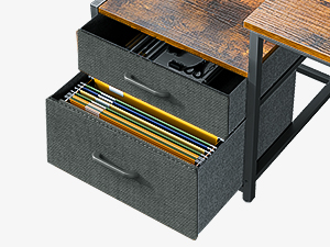 Aktenschrank mit zwei Schubladen und Holzplatte. Obere Schublade offen mit Fächern, untere Schublade geschlossen. Außenmaterial aus dunkelgrauem Stoff mit Metallrahmen und Holzoberfläche.