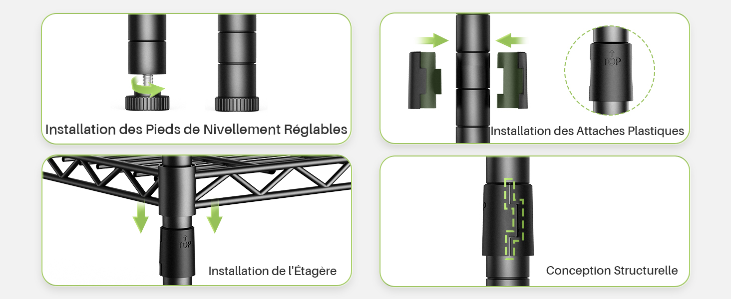 Schéma technique montrant plusieurs vues de ce qui semble être des composants télescopiques ou réglables en noir et vert.