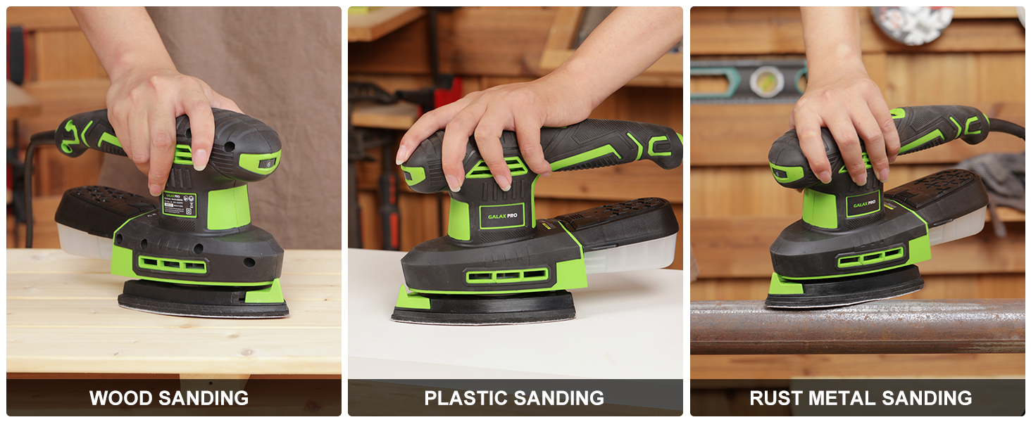 Text reads 'WOOD SANDING', 'PLASTIC SANDING', 'MULTI METAL SANDING'. Sequence showing hands using green sanding tool on different surfaces.