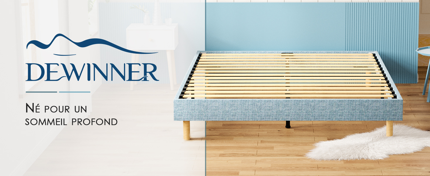 Le texte indique « DEWINNER » et « Ni POR VOS DORMIMOS PROFUNDO ». L'image montre un cadre de lit en bois avec une tête de lit rembourrée bleu clair sur fond de mur blanc.