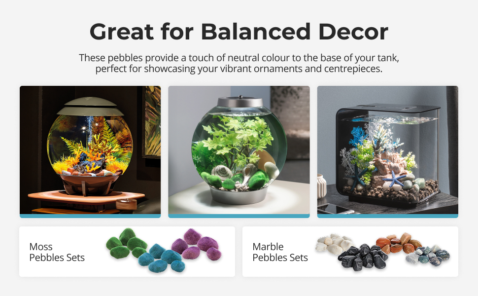 Text reads 'Great for Balanced Decor'. Collection of terrarium arrangements featuring colorful glass stones and decorative elements in glass containers.