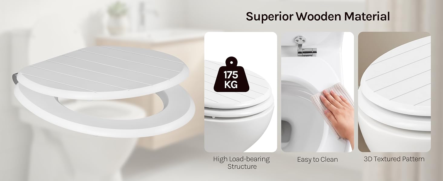 Text reads 'Superior Wooden Material'. White round toilet seat with wooden sections shown in three detail views demonstrating durability, softness, and quality construction.