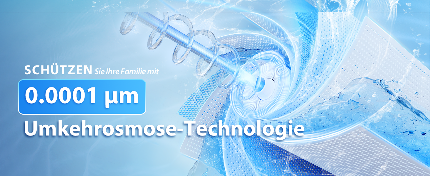 Blau getöntes Bild von Wassertröpfchen oder Blasen. In der Texteinblendung werden „0,0001 µm“ und „Umkehrosmose-Technologie“ erwähnt, was auf eine Wasserfiltrationstechnologie hindeutet