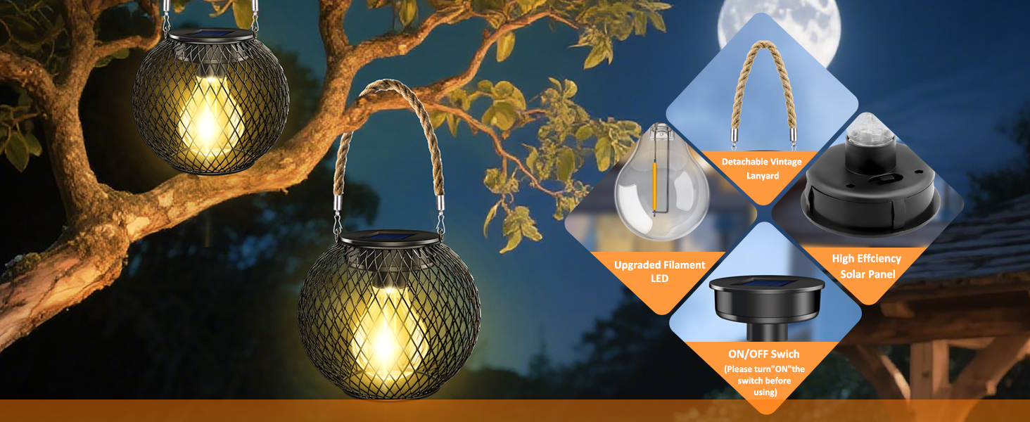 Decorative outdoor string lights illuminated at dusk, creating an atmospheric scene with glowing orbs against a darkening sky.