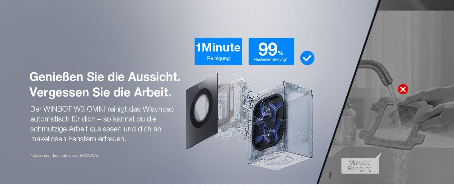 Der Text lautet „Vergiss Sie die Arbeit.“ und die deutsche Werbung „1 Minuten 99.-" zeigt ein an der Wand befestigtes Gerät mit blauem Lichteffekt.