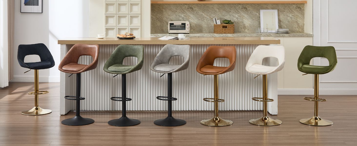 Ensemble de tabourets de bar modernes de différentes couleurs, dont le noir, le marron, le beige, le vert olive et le blanc, disposés le long d'un comptoir de cuisine.