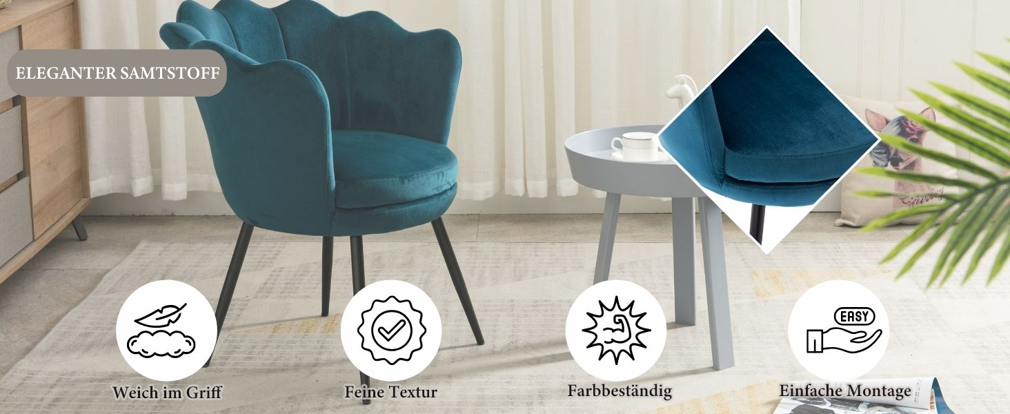 Der Text lautet „ELEGANT SAMTSTOFF“ und die Symbole zeigen „Waschbar bei“, „Eco-Trend“, „FE-Beschichtung“, „Antileg-Verfahren“. Sessel aus blaugrünem Samt mit geschwungener Rückenlehne, Metallbeinen, Beistelltisch und Pflanzen, die in einer modernen Inneneinrichtung sichtbar sind.