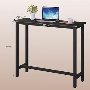 Black rectangular table with measurements: 120cm length, 40cm width, 75cm height. Laptop and plant shown on tabletop for scale.