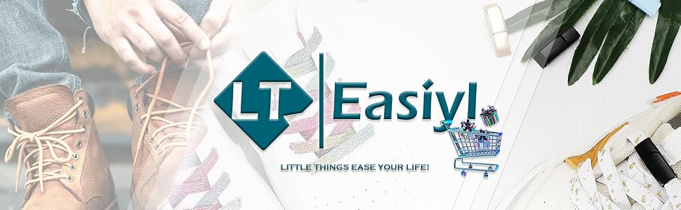 Logo for LT Easyl, featuring teal diamond shape with 'LT' and 'Easyl' text. Background shows boots, plants, and shopping cart icon, suggesting an e-commerce platform.