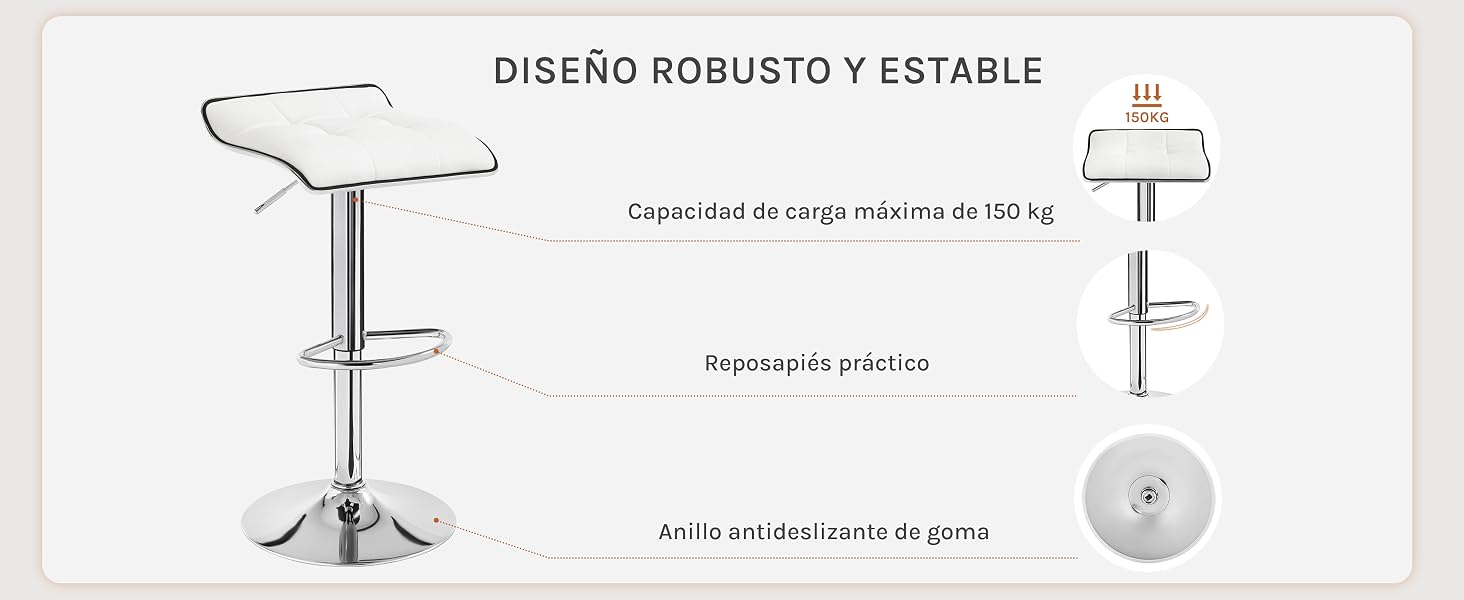 Diagrama técnico de un taburete de bar ajustable con base giratoria, que muestra las medidas de altura y los detalles estructurales en un estilo de dibujo lineal minimalista