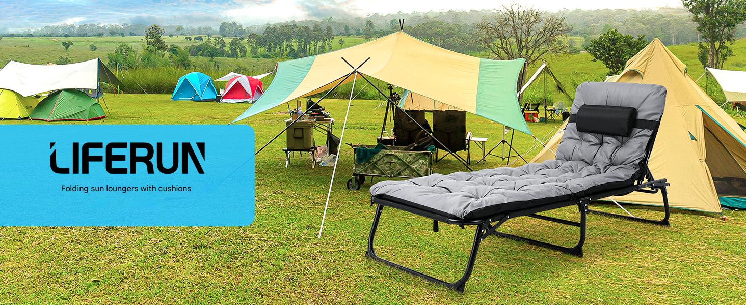 Text reads 'LIFERUN'. Outdoor scene showing multiple reclining camping chairs on grass with colorful tents in background, demonstrating portable furniture in camping setting.