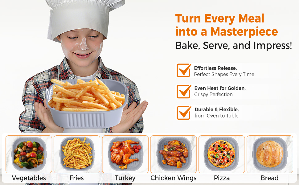 El texto dice: 'Convierta cada comida en una obra maestra', '¡Prepare, sirva e impresione!' Guía de preparación de alimentos con varios platos, incluyendo verduras, papas fritas, pavo, alitas de pollo y pizzas.