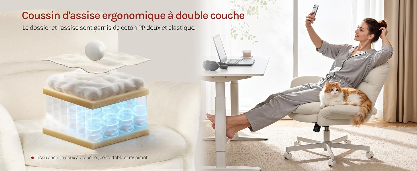 Démonstration étape par étape du processus d'assemblage d'un matelas ou d'un coussin. Les images montrent la superposition de différents matériaux et l'inspection des composants internes.