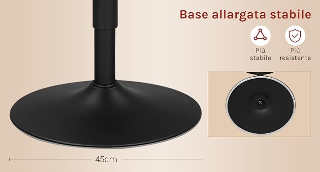 Base circolare in metallo nero per mobili, diametro 45 cm. Presenta un fondo largo e piatto e uno stelo cilindrico stretto. Il testo evidenzia stabilità e resistenza