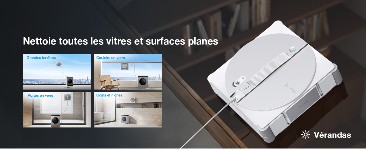 Le texte indique « Nettoyez toutes les vitres et surfaces planes » et « Vérandas ». Images du produit montrant un outil ou un appareil de nettoyage blanc pour le verre et les surfaces planes, avec photos de démonstration.