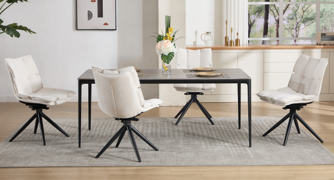 Modern dining room set featuring white upholstered chairs with black swivel bases and matching dining tables in bright, contemporary space.