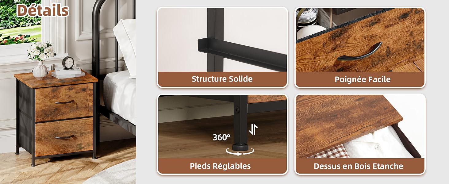 Le texte se lit comme suit : « Détails ». Plusieurs images de produits montrant des détails de meubles en bois, notamment « Smooth Handle », « Foldable Facile » et « Simple Bag Support ».
