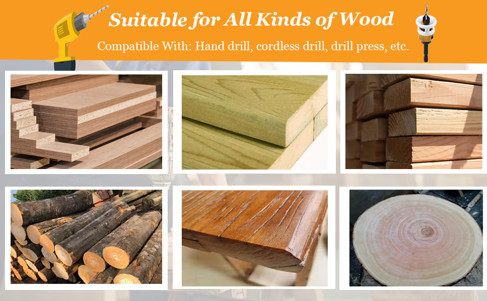 Collage de types et de formes de bois : planches empilées, bois d'œuvre, rondins, planches finies et coupe transversale. Le texte indique la compatibilité avec différents forets pour tous les types de bois