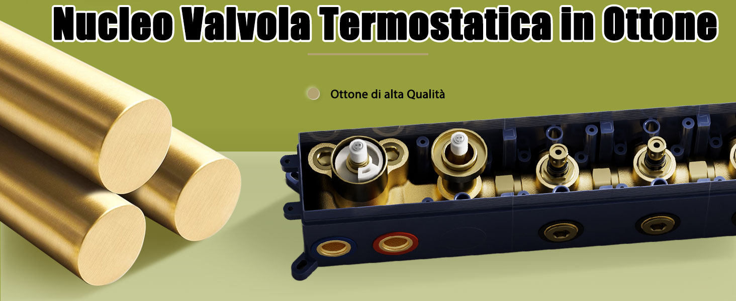 Il testo recita «Nucleo Valvola Termostatica in Ottone». Diagramma tecnico o schema che mostra i componenti meccanici e le misure