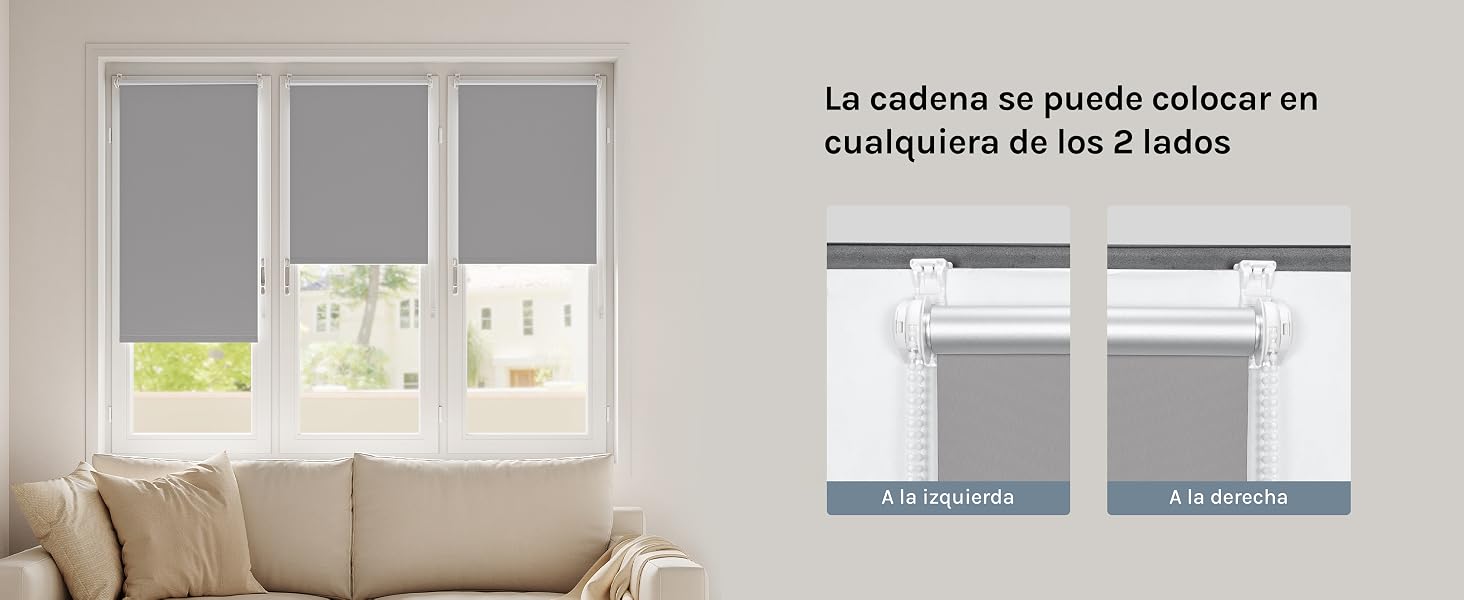 El texto dice «La cadena se puede colocar en cualquiera de los 2 lados». Imágenes que muestran la instalación y el funcionamiento de las persianas en diferentes ambientes de la habitación.