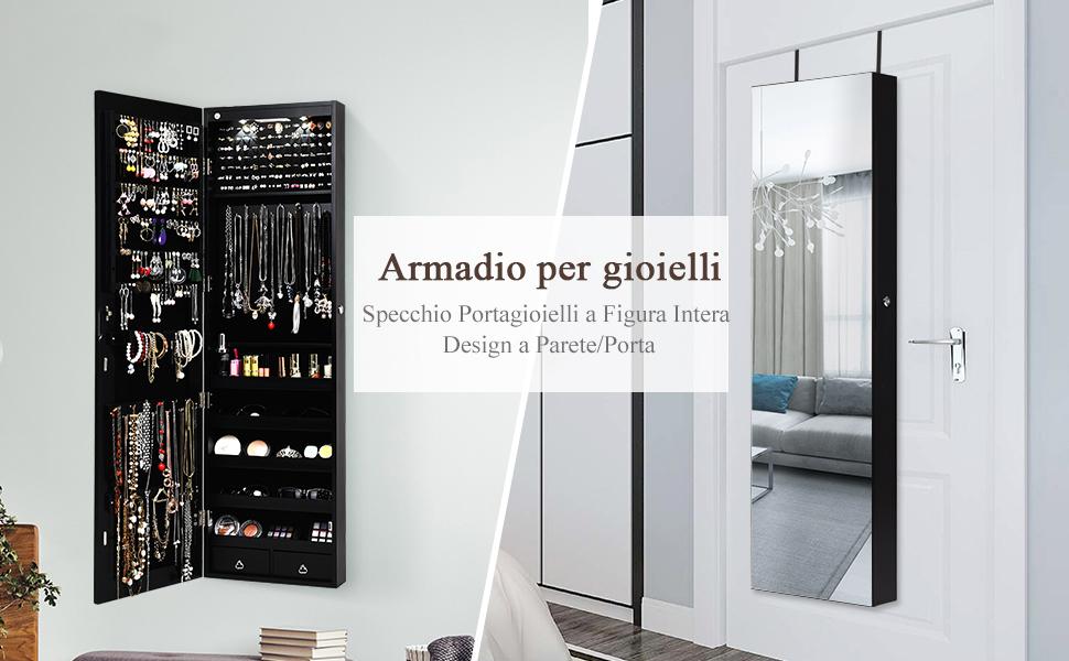 Armadietto Portagioielli Da Parete Con Specchio - 6 Luci LED, 2 Cassetti, Organizzatore Per Gioielli, Bianco - Foto 7