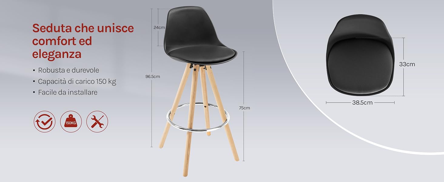 Sgabello da bar moderno con seduta nera, gambe in legno e poggiapiedi in metallo. Dimensioni del prodotto e caratteristiche di comfort elencate. Le icone indicano leggerezza, capacità di peso e assemblaggio richiesti.