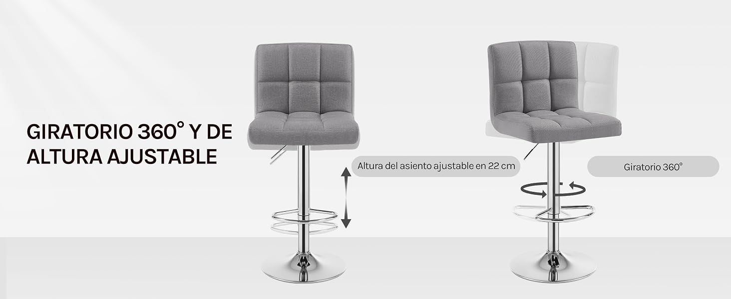 Dos taburetes de bar tapizados en gris con acolchado capitoné, con función de giro de 360 grados y altura ajustable con