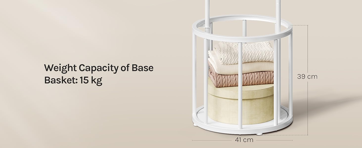 Text reads: 'Weight Capacity of Base 18 kgs'. Clear cylindrical rotating storage carousel or organizer with compartments, displayed on neutral surface with dimension indicator.
