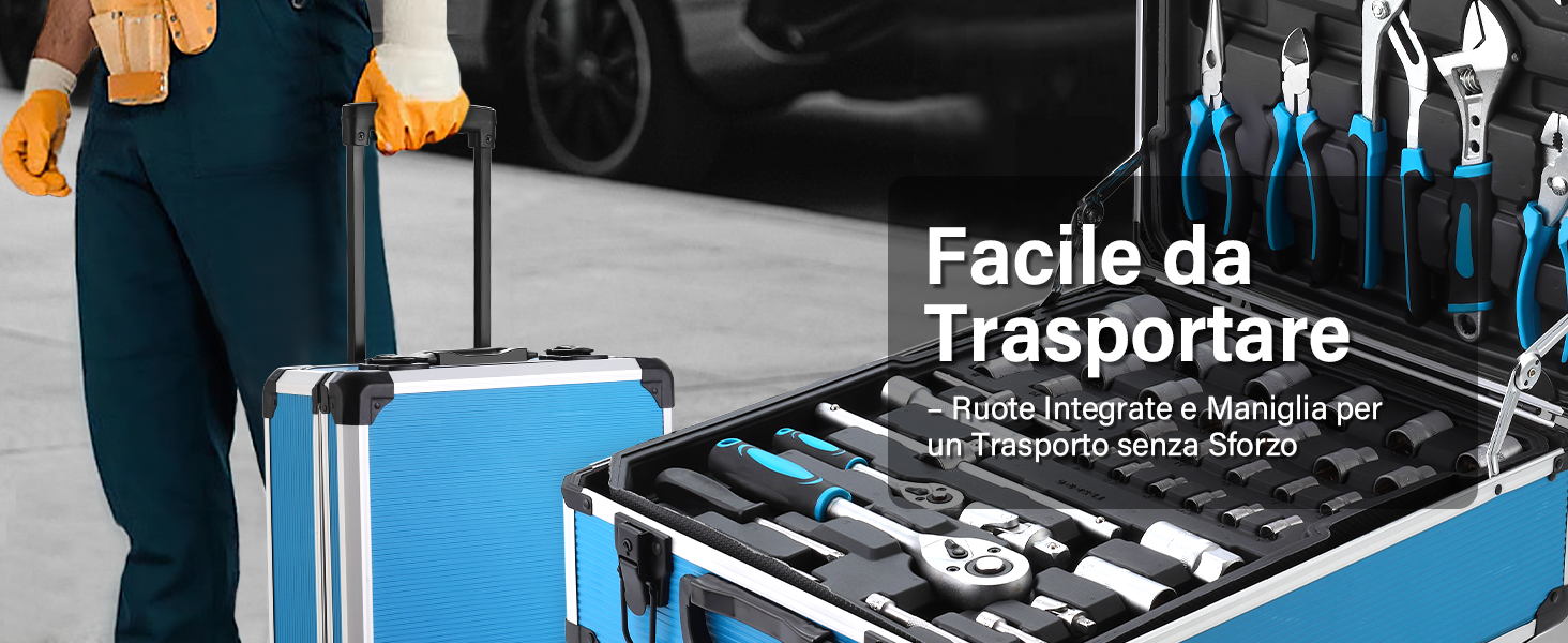 Il testo dice 'Image 4' e 'Facile da Trasportare'. Serie di immagini che mostrano bagagli o attrezzature di trasporto in aeroporto o in viaggio con accenti blu.