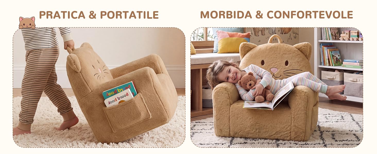 Il testo recita «PRATICA &amp; PORTATILE» e «MORBIDA &amp; CONFORTEVOLE». Immagine a due pannelli: a sinistra mostra una poltrona a sacco beige con una persona, a destra mostra una sedia simile in soggiorno. Sono visualizzate le comode sedute portatili e morbide.