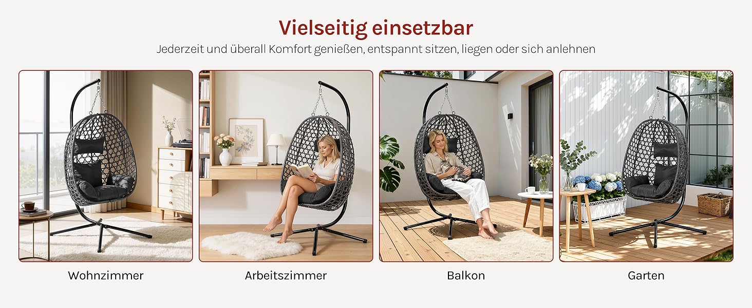 Der Text lautet „Vielseitig einsetzbar“. Vier Lifestyle-Fotos zeigen einen Hängesessel im Ei-Stil in verschiedenen Innenräumen und Positionen.