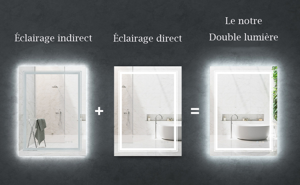 Miroir Salle de Bain LED Mural 70 x 50 cm Lumineux  Anti Buee avec Interrupteur Tactile